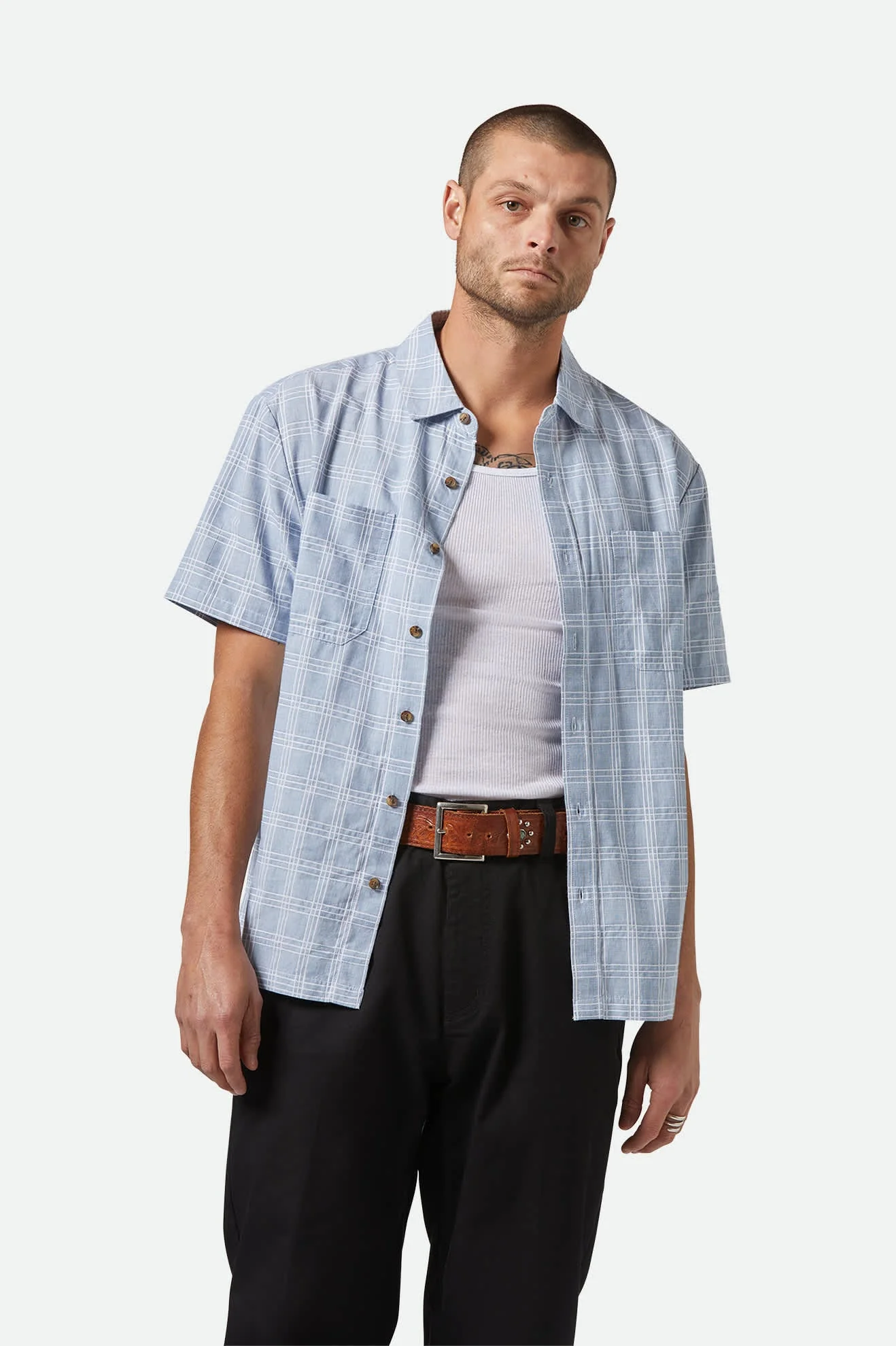 Brixton - Cru Oxford Plaid S/S Woven - Light Blue / White Plaid - Image 3